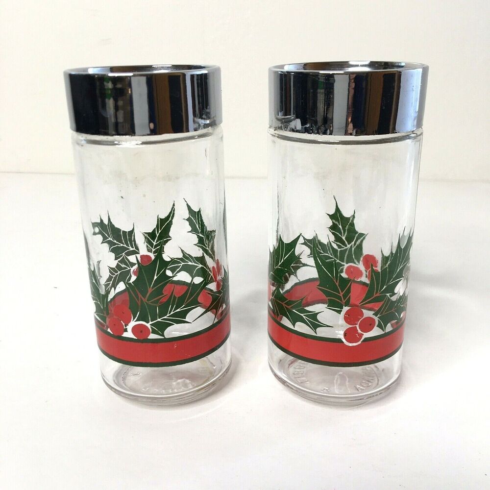 Vintage Libbey of Canada Glass Salt and Pepper Shaker Set Christmas Holly